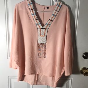 Peach 3 quarter sleeved hi-lo v-neck Native American look beaded top size M/L